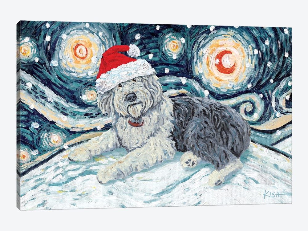 Old English Sheepdog On A Snowy Night by Gretchen Kish Serrano 1-piece Canvas Art