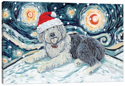Old English Sheepdog On A Snowy Night Canvas Art Print - Gretchen Kish Serrano