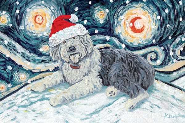 Christmas Animals: Old English Sheepdog On A Snowy Night by Gretchen KISH Serrano