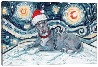 Pit Bull On A Snowy Night Grey Canvas Art Print - Pit Bull Art