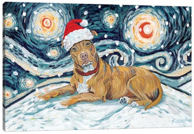 Pit Bull On A Snowy Night Tan Canvas Art Print - Gretchen Kish Serrano
