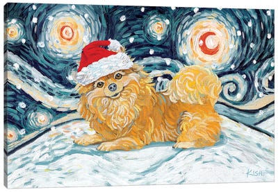 Pomeranian On A Snowy Night Canvas Art Print - Gretchen Kish Serrano