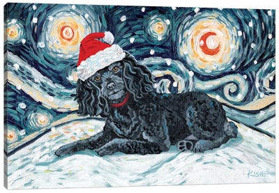 Poodle On A Snowy Night Black Canvas Art Print - Poodle Art