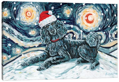 Standard Poodle On A Snowy Night Black Canvas Art Print - Poodle Art