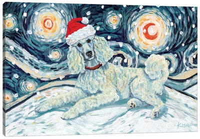 Standard Poodle On A Snowy Night White Canvas Art Print - Christmas Animal Art