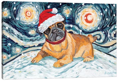 Pug On A Snowy Night Canvas Art Print - Gretchen Kish Serrano