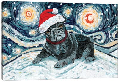 Pug On A Snowy Night Black Canvas Art Print - Gretchen Kish Serrano