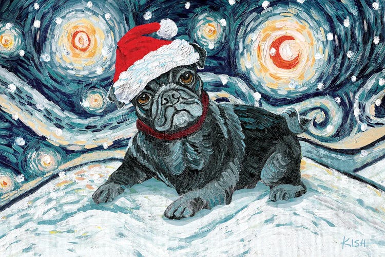 Pug On A Snowy Night Black