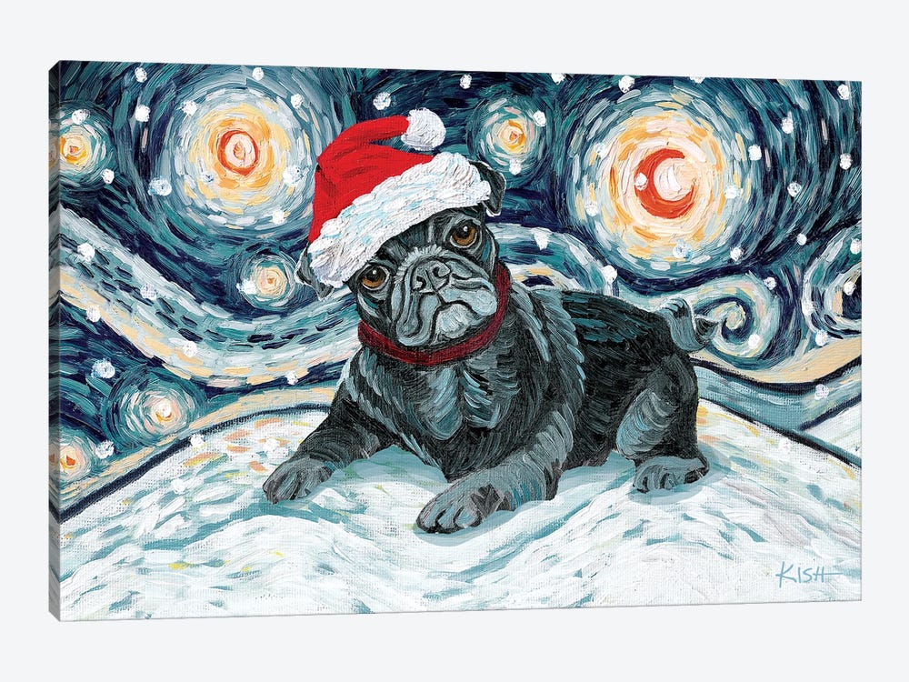Pug On A Snowy Night Black by Gretchen Kish Serrano 1-piece Canvas Art Print