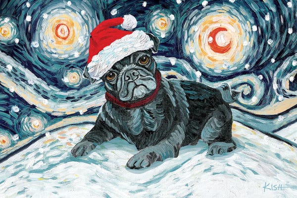 Christmas Animals: Pug On A Snowy Night Black by Gretchen KISH Serrano