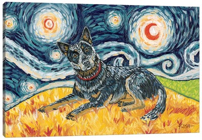 Australian Cattle Dog On A Starry Night Canvas Art Print - Australian Cattle Dogs