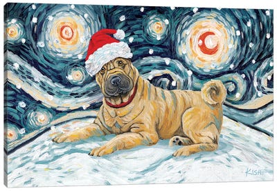 Shar Pei On A Snowy Night Canvas Art Print - Christmas Animal Art