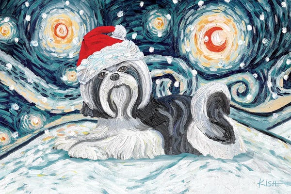 Christmas Animals: Shih Tzu On A Snowy Night Black & White by Gretchen KISH Serrano