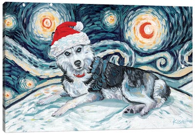 Siberian Husky On A Snowy Night Canvas Art Print - Siberian Husky Art