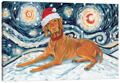 Vizsla On A Snowy Night Canvas Art Print - Christmas Animal Art