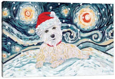 Westie On A Snowy Night Canvas Art Print - West Highland White Terrier Art