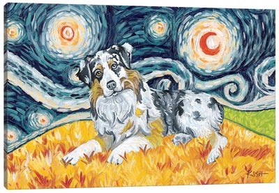 Australian Shepherd On A Starry Night Canvas Art Print - Pupsterpieces