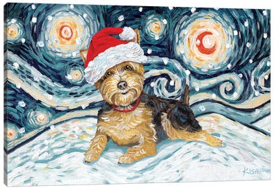 Yorkie On A Snowy Night Canvas Art Print - Yorkshire Terrier Art