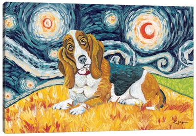 Basset Hound On A Starry Night Canvas Art Print