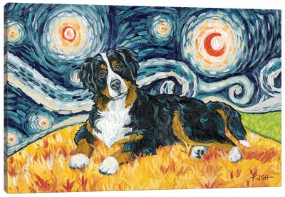 Bernese Mountain Dog On A Starry Night Canvas Art Print - Gretchen Kish Serrano