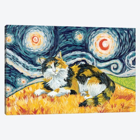 Calico Cat On A Starry Night Long Haired Canvas Print #GKS276} by Gretchen Kish Serrano Art Print