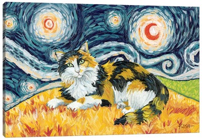 Calico Cat On A Starry Night Long Haired Canvas Art Print