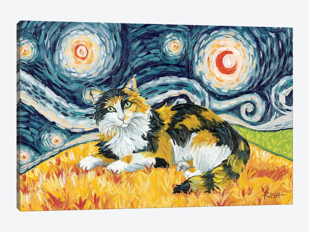 Calico Cat On A Starry Night Long Haired by Gretchen Kish Serrano 1-piece Canvas Art