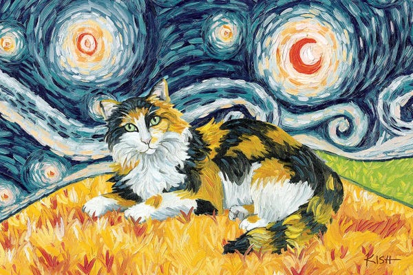 Calico Cats: Calico Cat On A Starry Night Long Haired by Gretchen KISH Serrano
