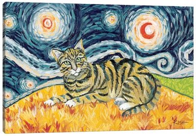 Tabby Cat On A Starry Night Tan Canvas Art Print - Tabby Cat Art