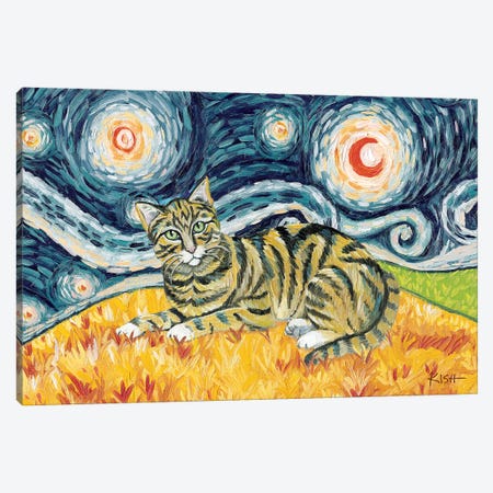 Tabby Cat On A Starry Night Tan Canvas Print #GKS277} by Gretchen Kish Serrano Art Print