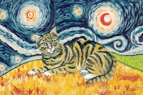 Tabbies: Tabby Cat On A Starry Night Tan by Gretchen KISH Serrano