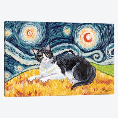 Tuxedo Cat On A Starry Night Canvas Print #GKS278} by Gretchen Kish Serrano Canvas Wall Art