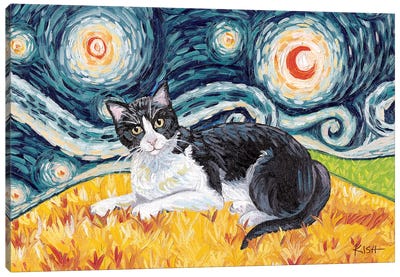 Tuxedo Cat On A Starry Night Canvas Art Print - Tuxedo Cat Art