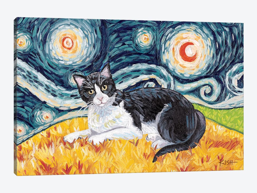 Tuxedo Cat On A Starry Night by Gretchen Kish Serrano 1-piece Canvas Artwork
