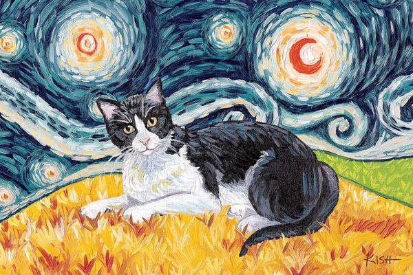 Tuxedo Cats: Tuxedo Cat On A Starry Night by Gretchen KISH Serrano