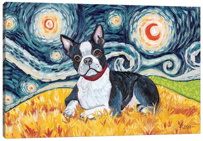 Boston Terrier On A Starry Night Canvas Art Print - Terriers