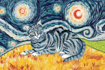 Grey Tabby Cat On A Starry Night by Gretchen KISH Serrano art print