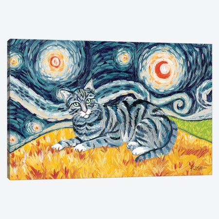 Grey Tabby Cat On A Starry Night Canvas Print #GKS301} by Gretchen Kish Serrano Canvas Artwork