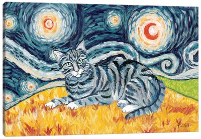 Grey Tabby Cat On A Starry Night Canvas Art Print - Gretchen Kish Serrano