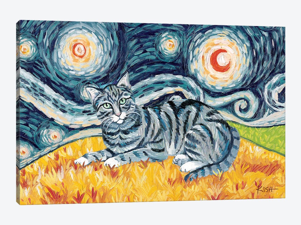 Grey Tabby Cat On A Starry Night by Gretchen Kish Serrano 1-piece Art Print