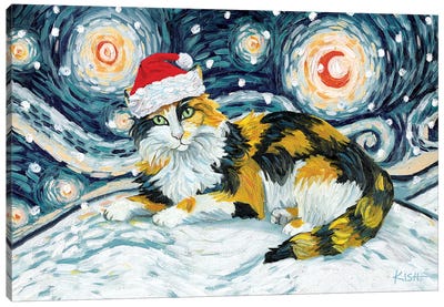 Calico Cat On A Snowy Night Canvas Art Print - Calico Cat Art