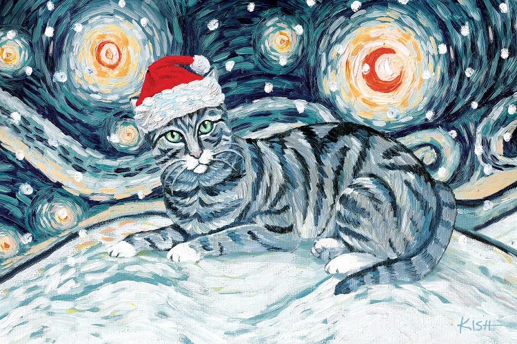 Grey Tabby Cat On A Snowy Night