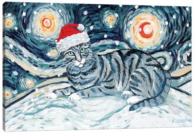 Grey Tabby Cat On A Snowy Night Canvas Art Print - Gretchen Kish Serrano