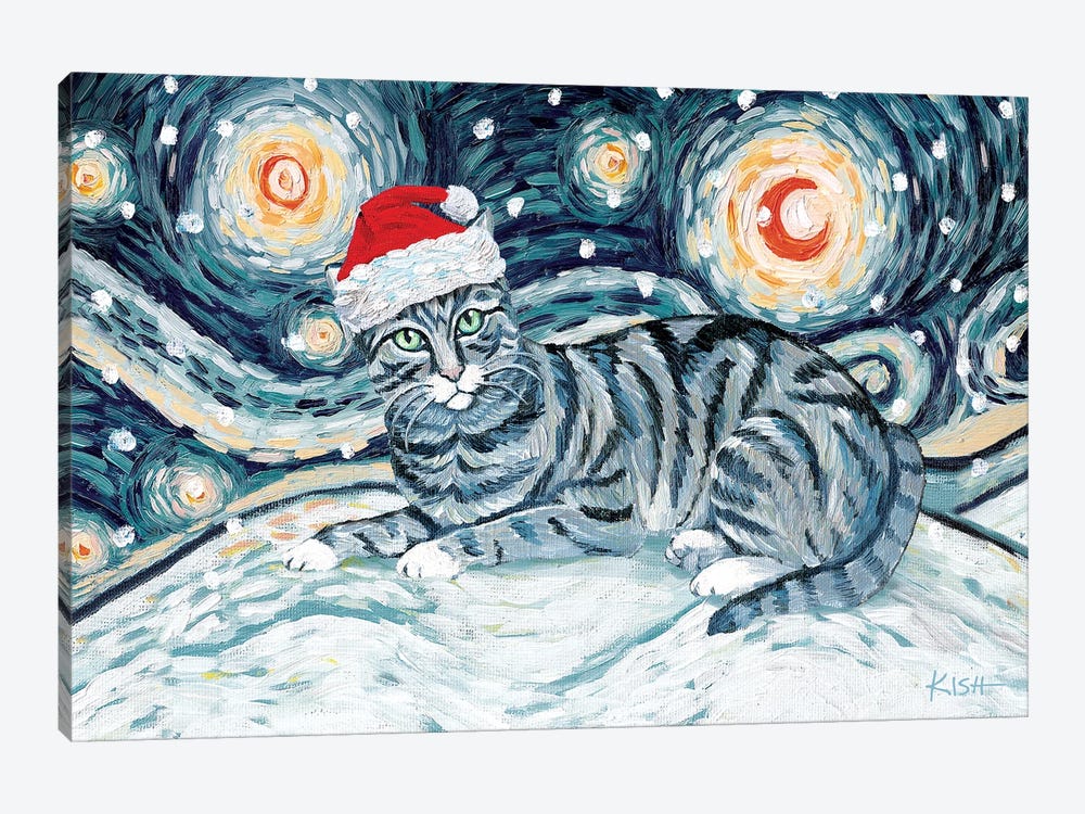 Grey Tabby Cat On A Snowy Night by Gretchen Kish Serrano 1-piece Art Print