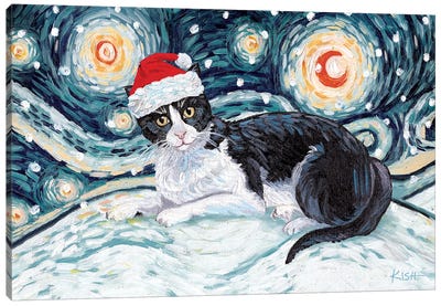 Tuxedo Cat On A Snowy Night Canvas Art Print - Tuxedo Cat Art