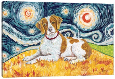 Brittany On A Starry Night Canvas Art Print - Spaniels