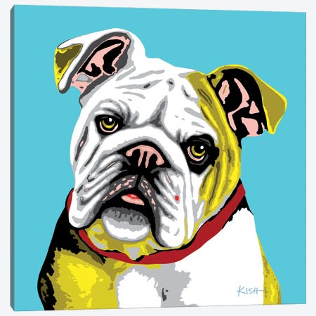 Bulldog Teal Woofhol Canvas Print #GKS320} by Gretchen Kish Serrano Canvas Wall Art