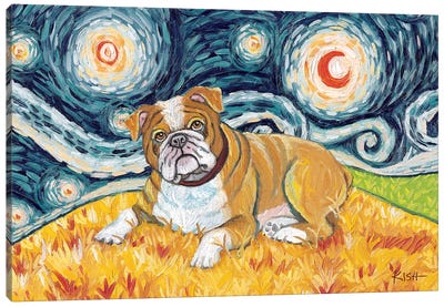 Bulldog On A Starry Night Canvas Art Print - Gretchen Kish Serrano