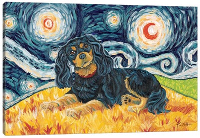 Cavalier King Charles On A Starry Night Black & Tan Canvas Art Print