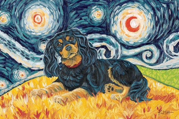 Spaniels: Cavalier King Charles On A Starry Night Black & Tan by Gretchen KISH Serrano